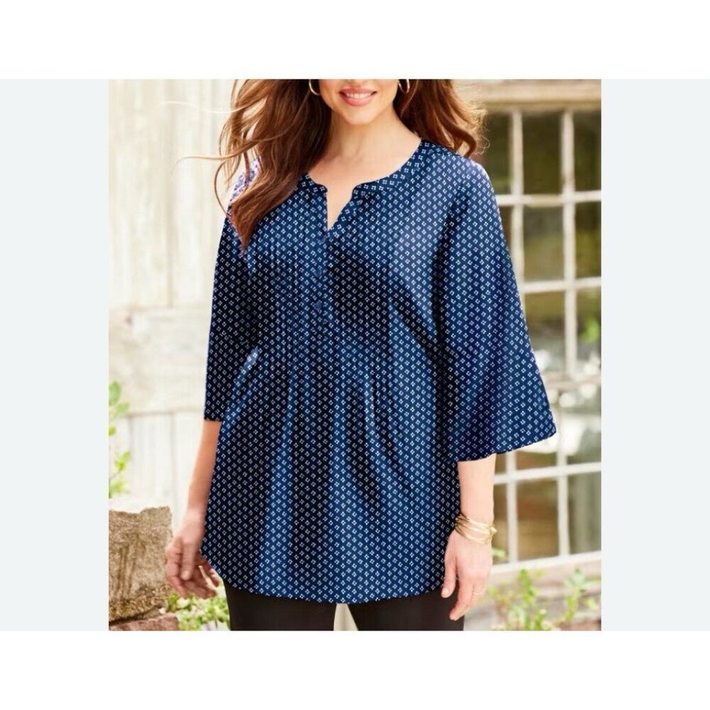 Catherines Georgette Blue Pintucked Blouse 3X Button Neck Flounced 3/4 Sleeves